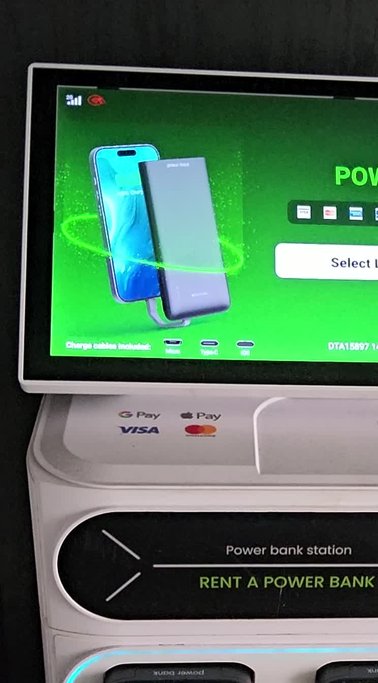 Actual 12-bank Rent and Recharge station loaded with illuminated power banks